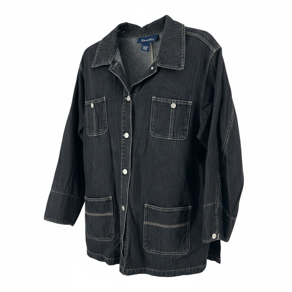 Denim & Co‎ Womens Black Denim Chore Jacket Contrast Stitch Button Front Large